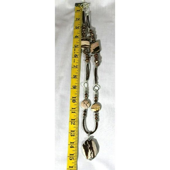 Unique Long Jasper Pendant Necklace Brown White Copper Silver Tone Toggle Clasp - Picture 6 of 6